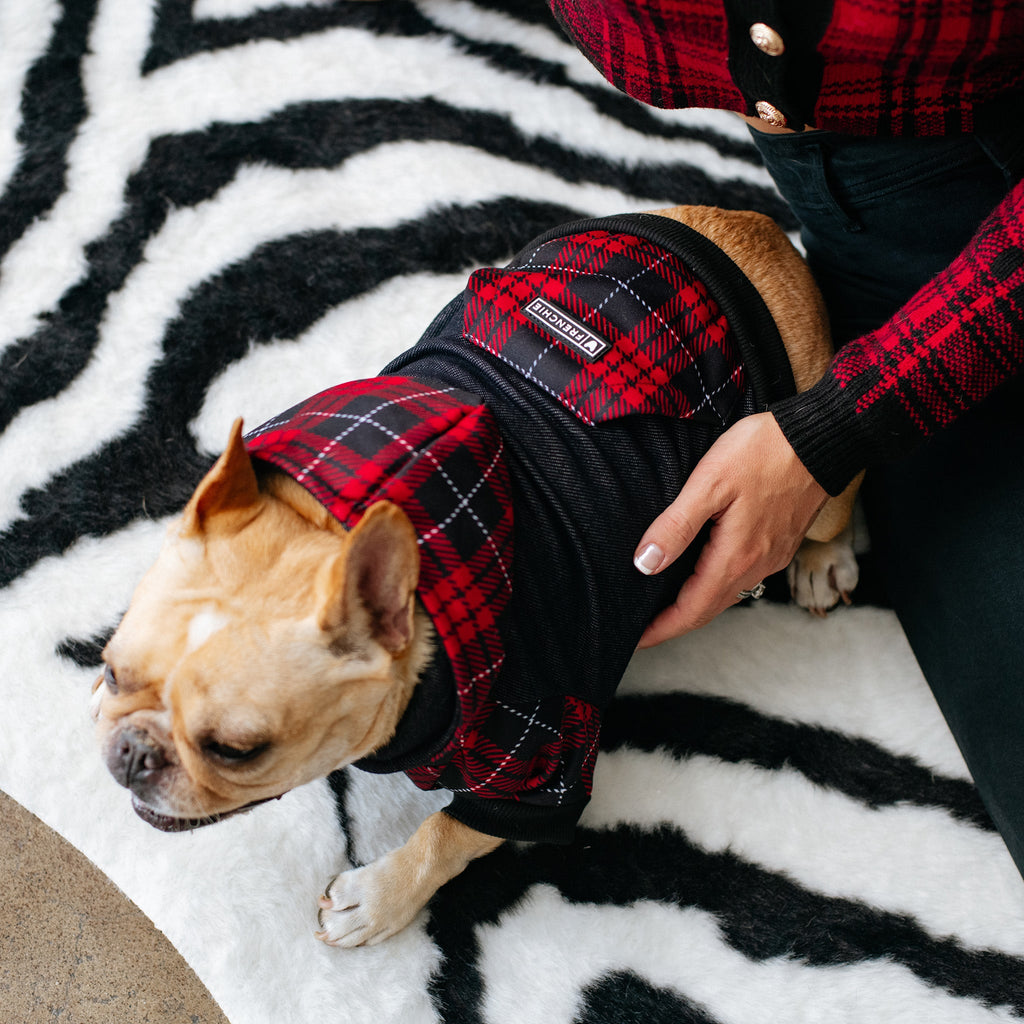 Frenchie Dog Hoodie - Red Tartan by Frenchie Bulldog