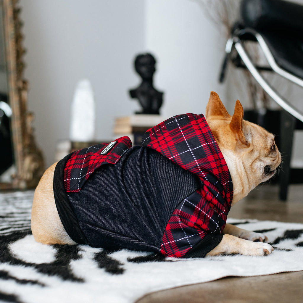 Frenchie Dog Hoodie - Red Tartan by Frenchie Bulldog