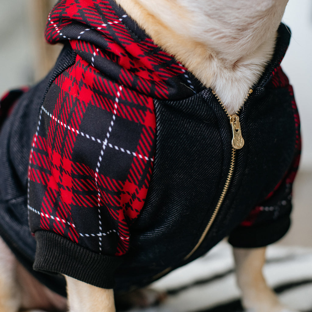 Frenchie Dog Hoodie - Red Tartan by Frenchie Bulldog