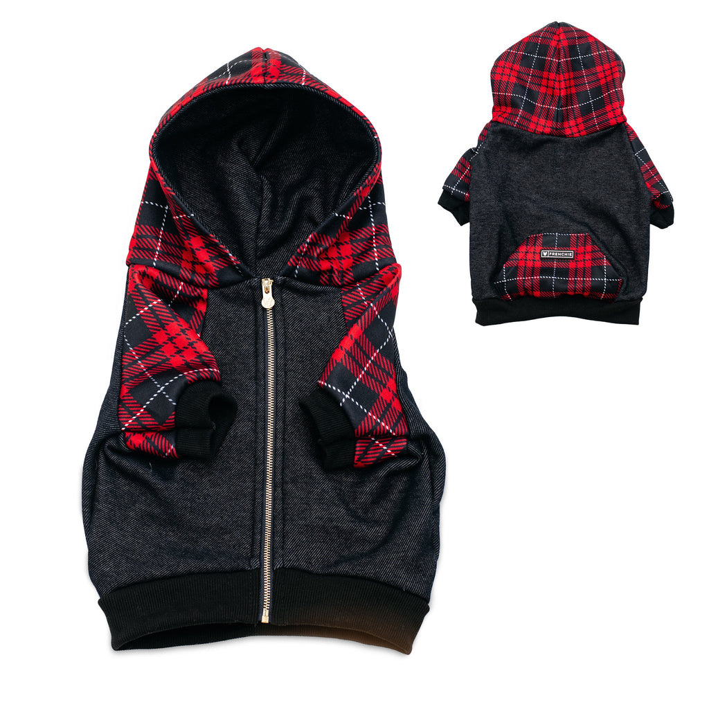 Frenchie Dog Hoodie - Red Tartan by Frenchie Bulldog