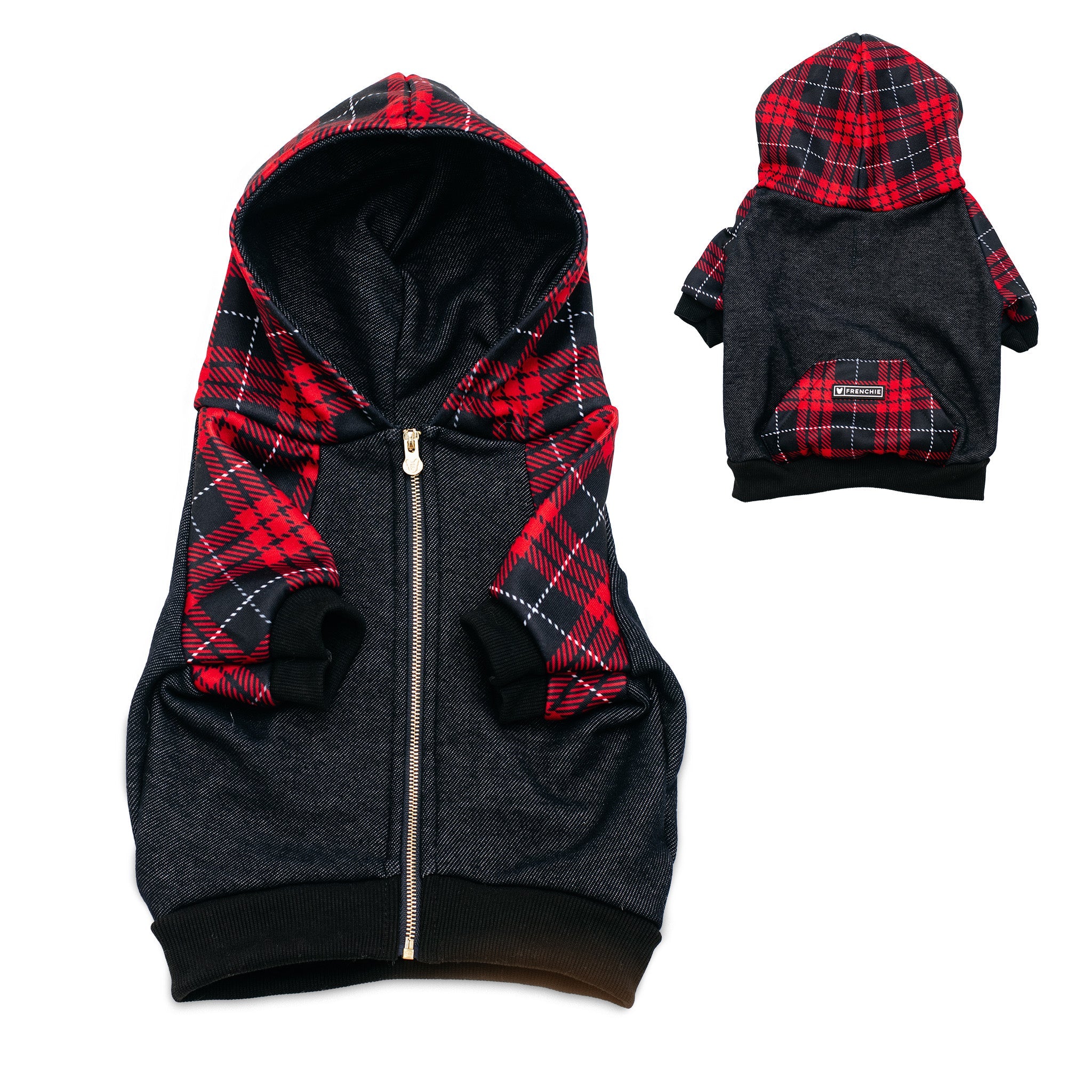 Frenchie Dog Hoodie - Red Tartan by Frenchie Bulldog
