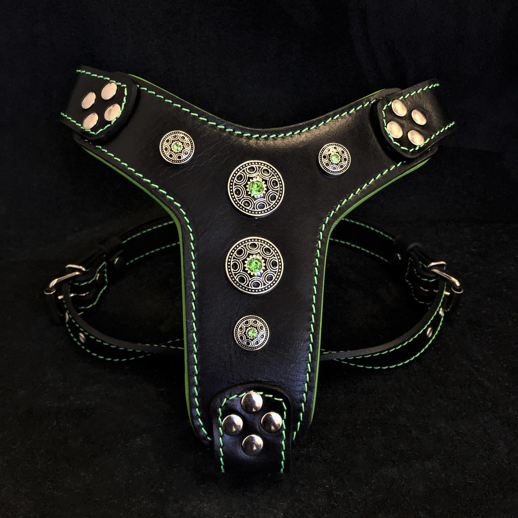 The ''Bijou'' harness Black & Green Small to Medium Size by Bestia Dog Gear