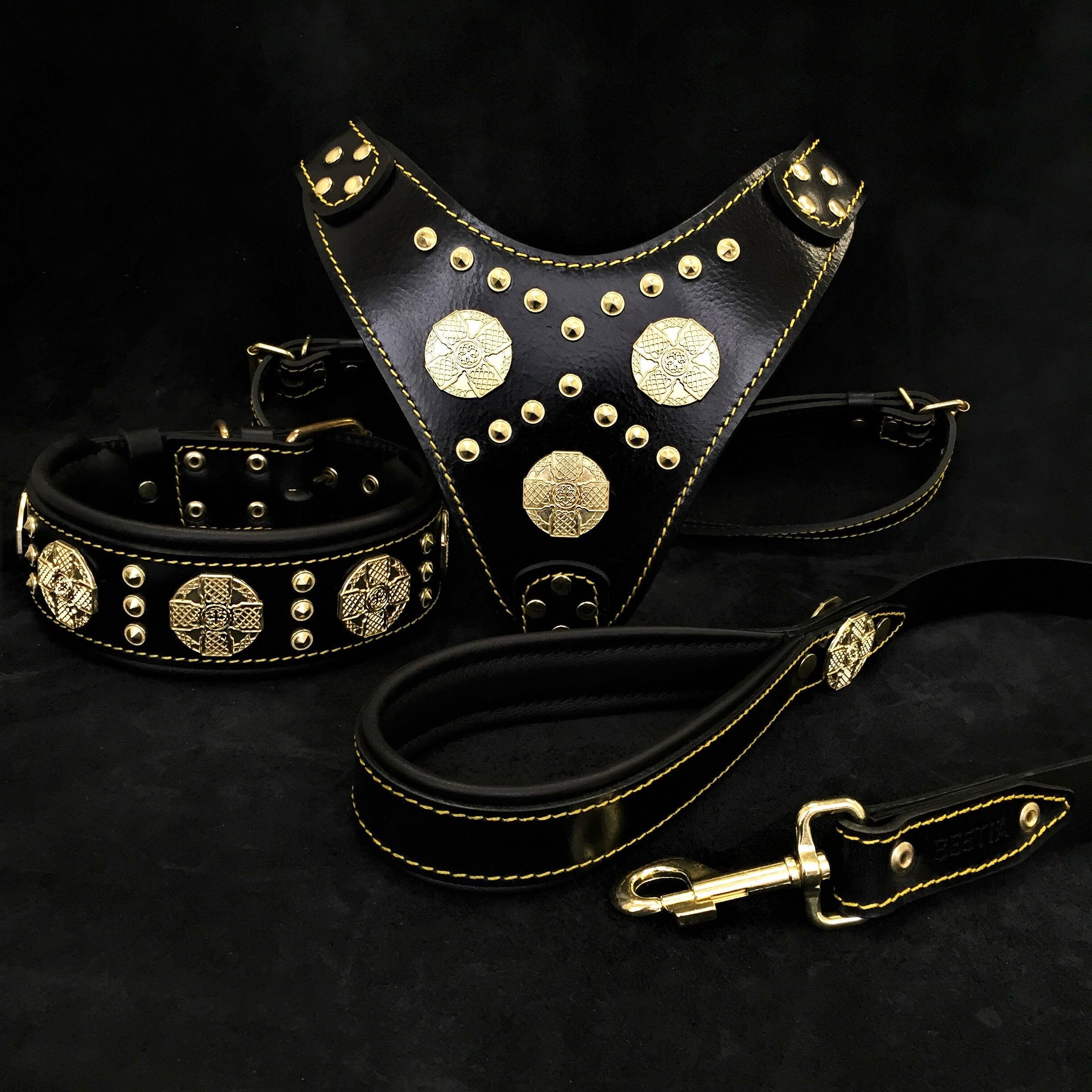 "Maximus Black" BIG dog SET- Harness - collar - lead. Brass rivets by Bestia Dog Gear