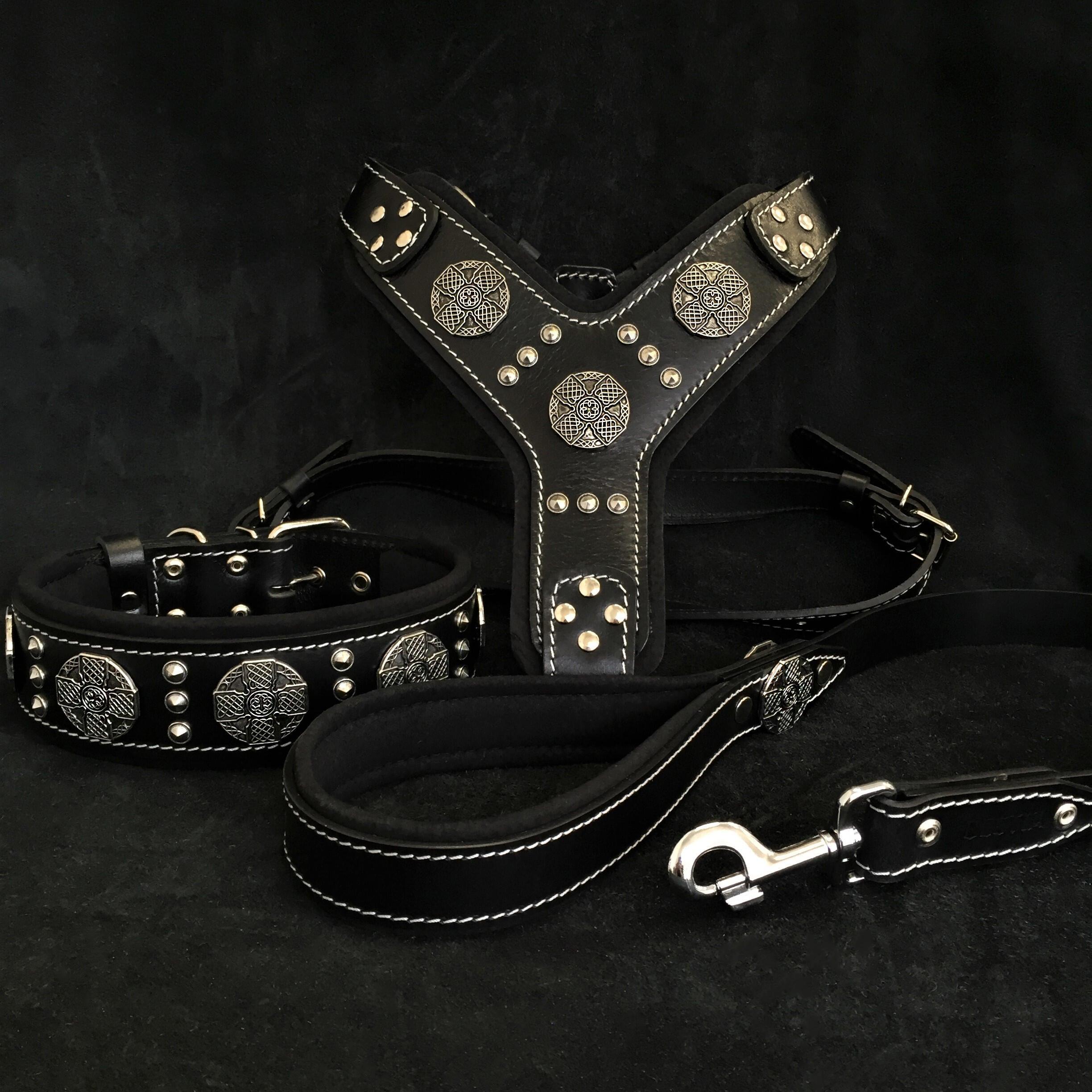 "Maximus Silver" BIG dog SET- Harness - collar - lead. Black by Bestia Dog Gear