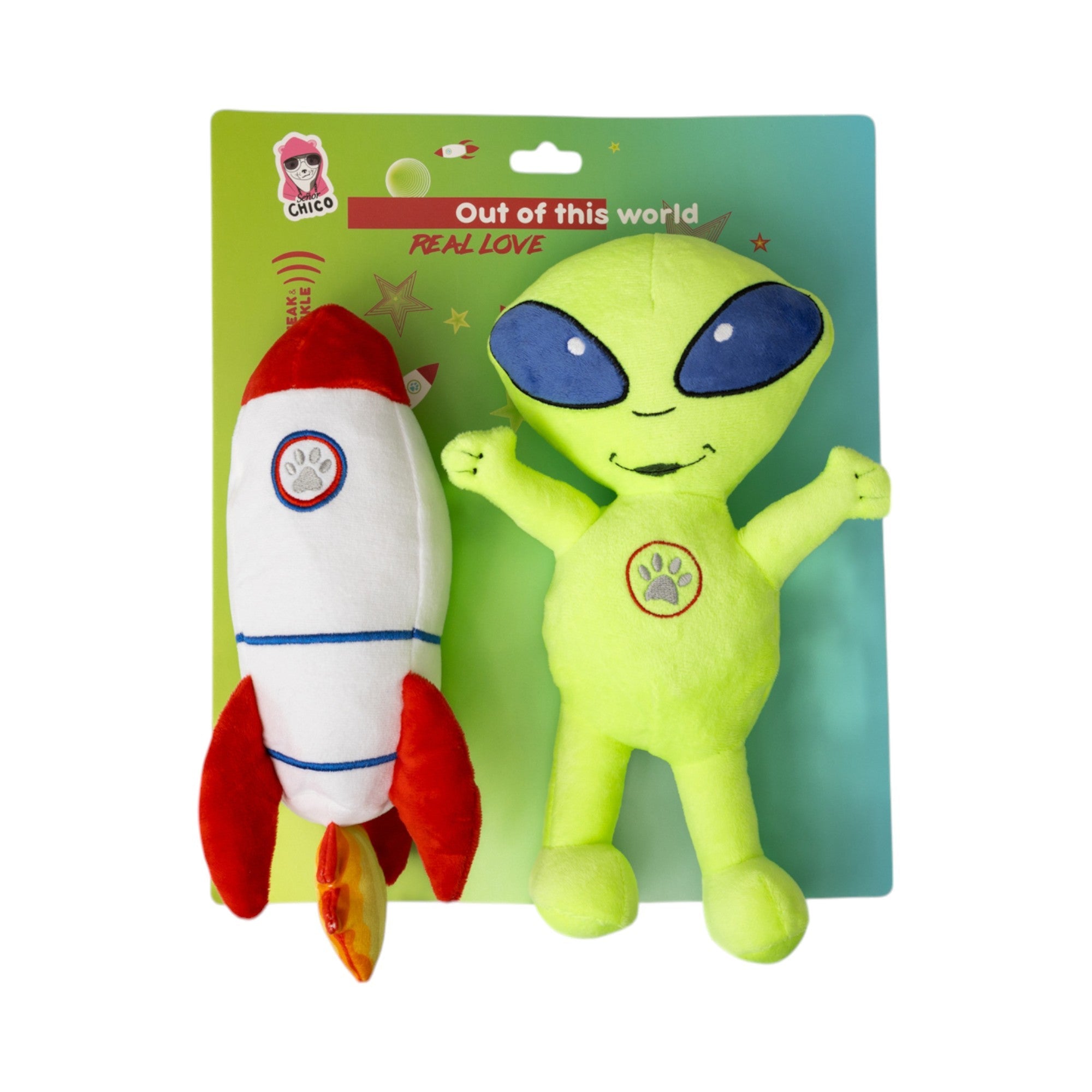 Space Alien & Rocket Plush Dog Toy Gift Set – with Squeaker & Crinkle Paper for Fun Play by American Pet Supplies