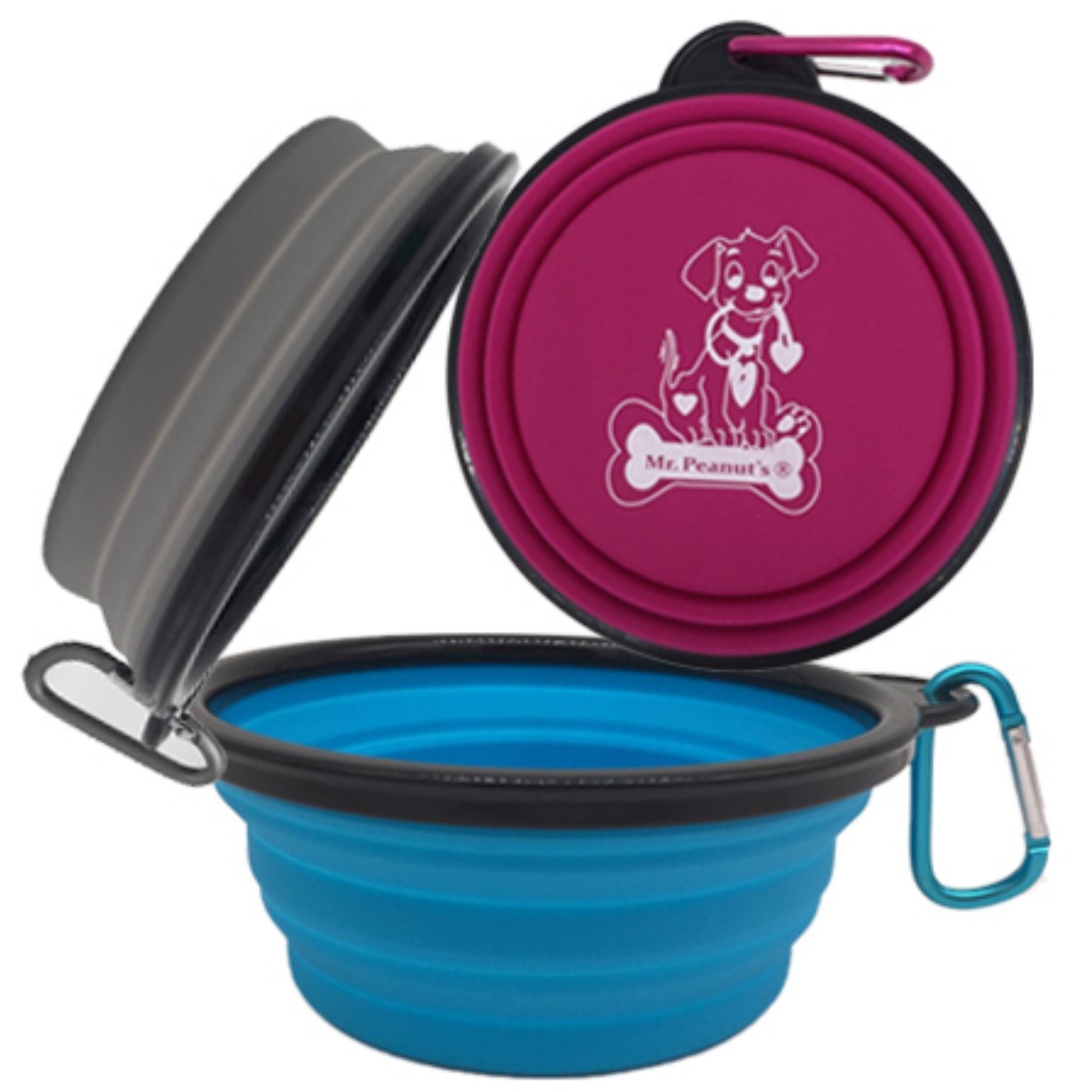 Mr. Peanut's 3 Pak XL (25oz) Collapsible Silicone Bowls with Color Matched Carabiner Clips by Mr. Peanut's Pet Carriers
