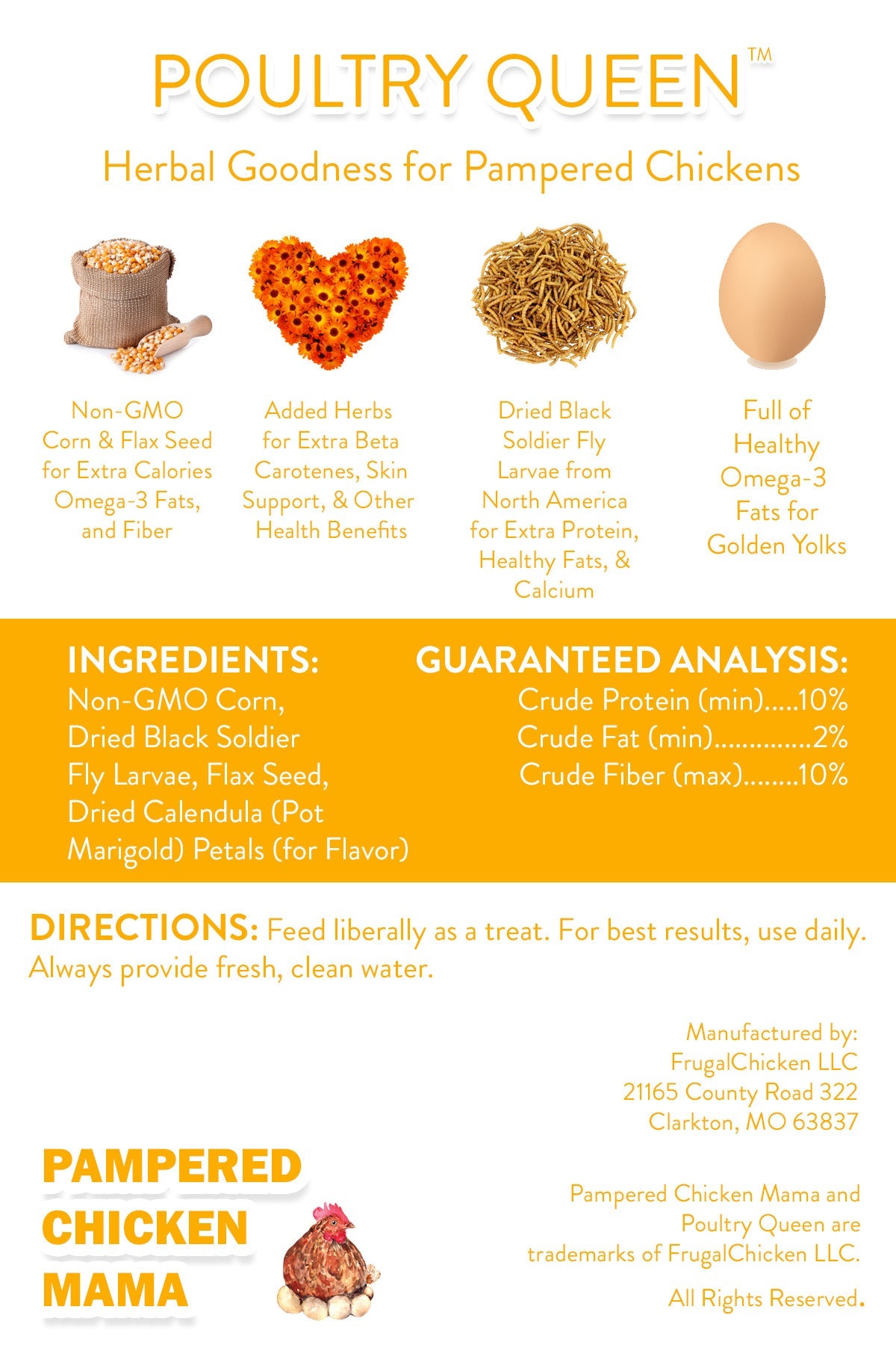 Poultry Queen Mealworm, Premium Corn, Flax Seeds, & Herb Treat For Pet Chickens by Dahlia Pets