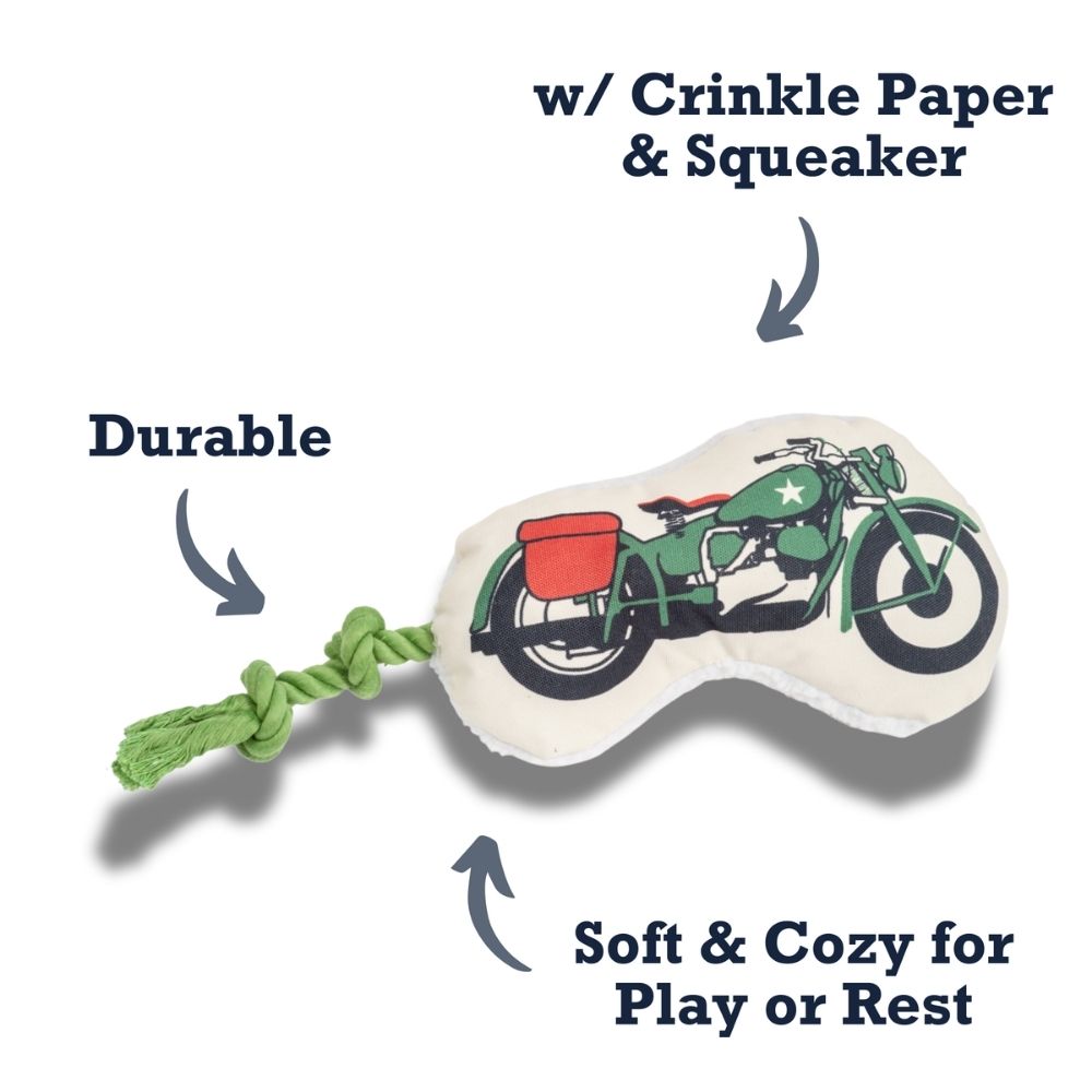Country Living Retro Army Motorcycle with Squeaker & Crinkle Paper Plush Dog Toy by American Pet Supplies