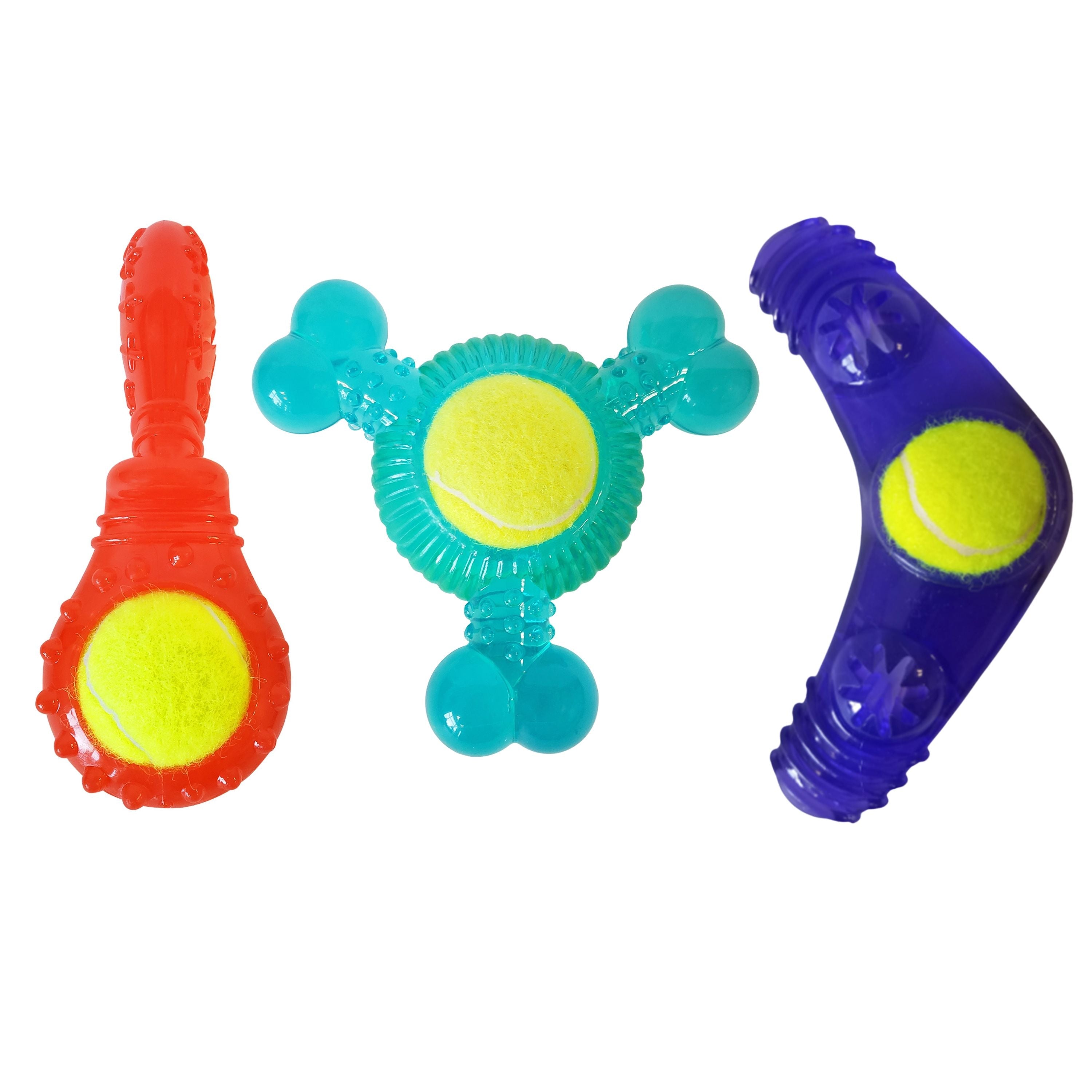 Tennis Ball Dog Toy Variety Pack (Boomerang, 3-Bone Squeaker, Orange Squeaker) by American Pet Supplies