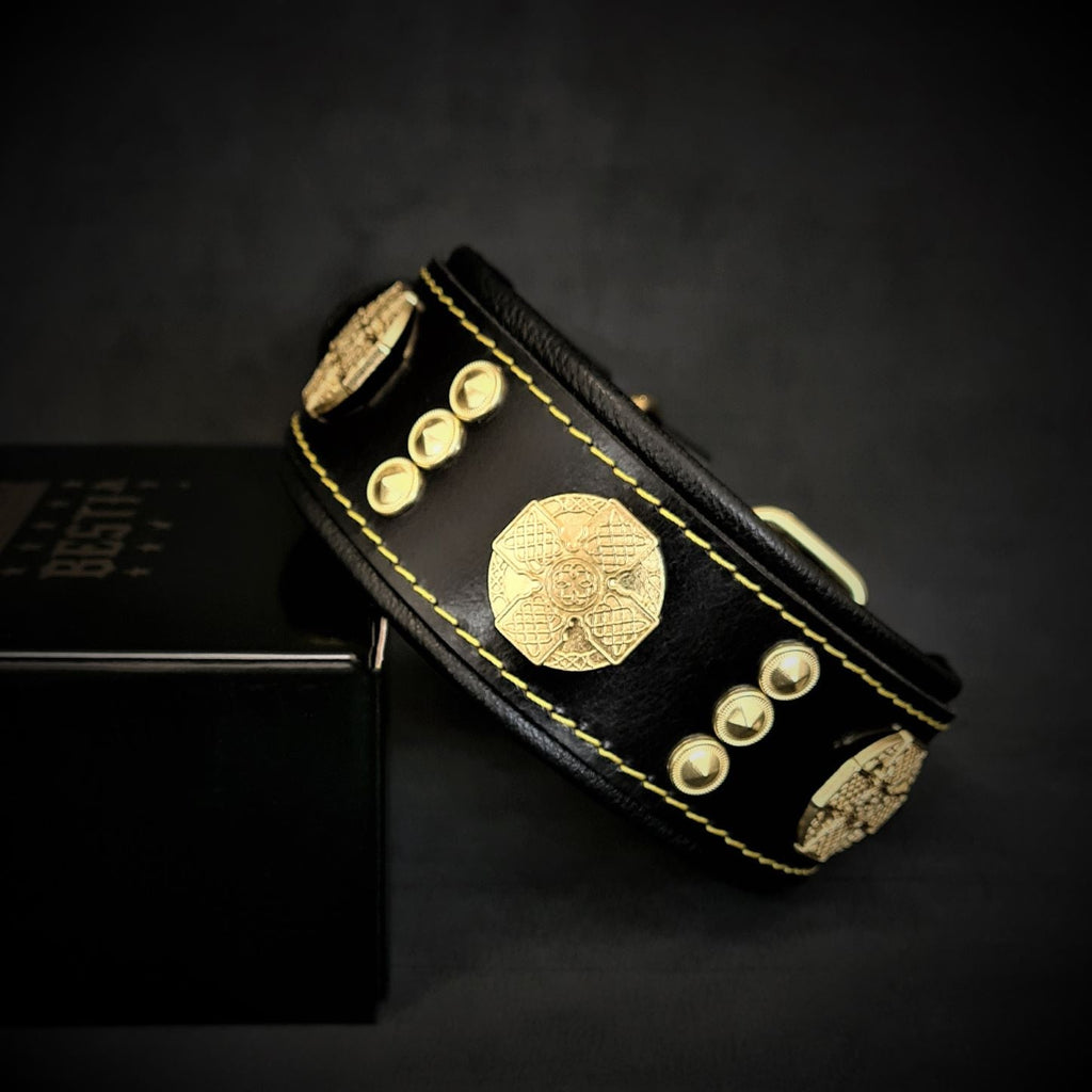The "Maximus" collar 2 inch wide gold decoration by Bestia Dog Gear
