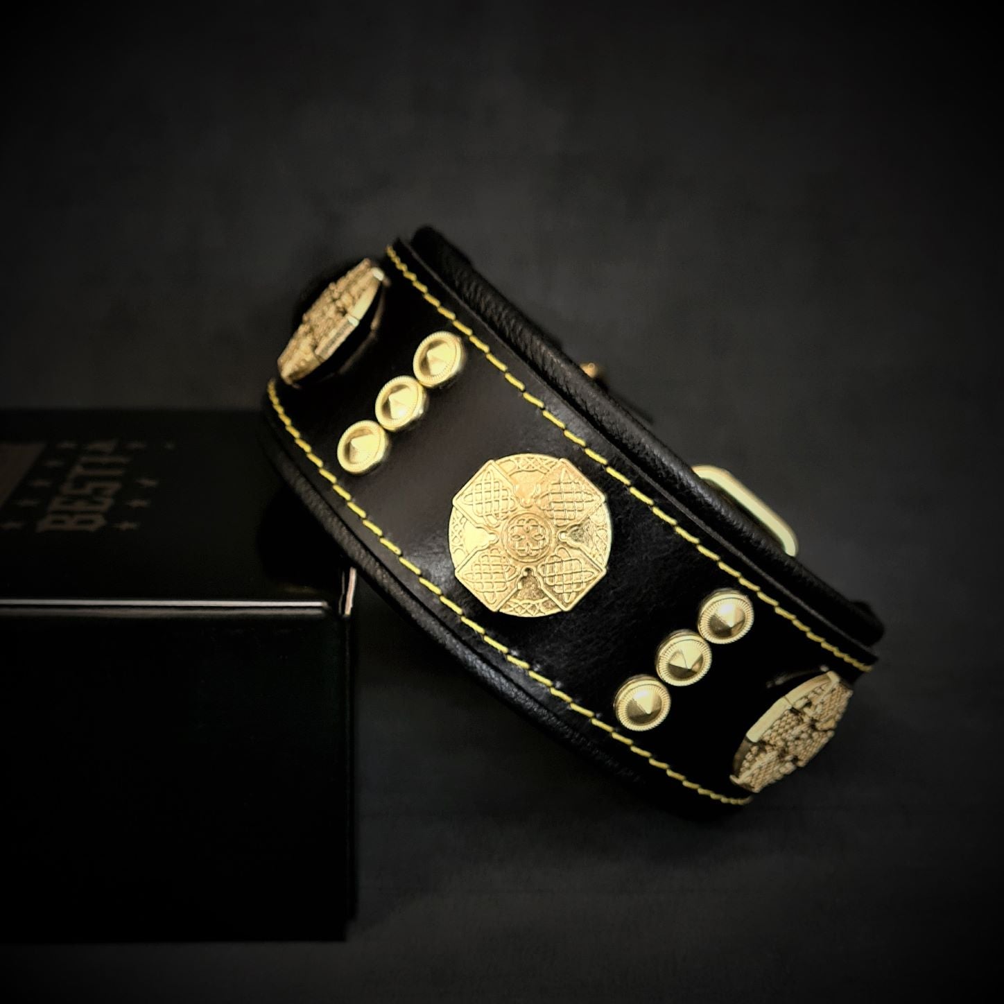 The "Maximus" collar 2 inch wide gold decoration by Bestia Dog Gear