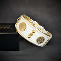 The "Maximus" collar 2 inch wide white & gold by Bestia Dog Gear