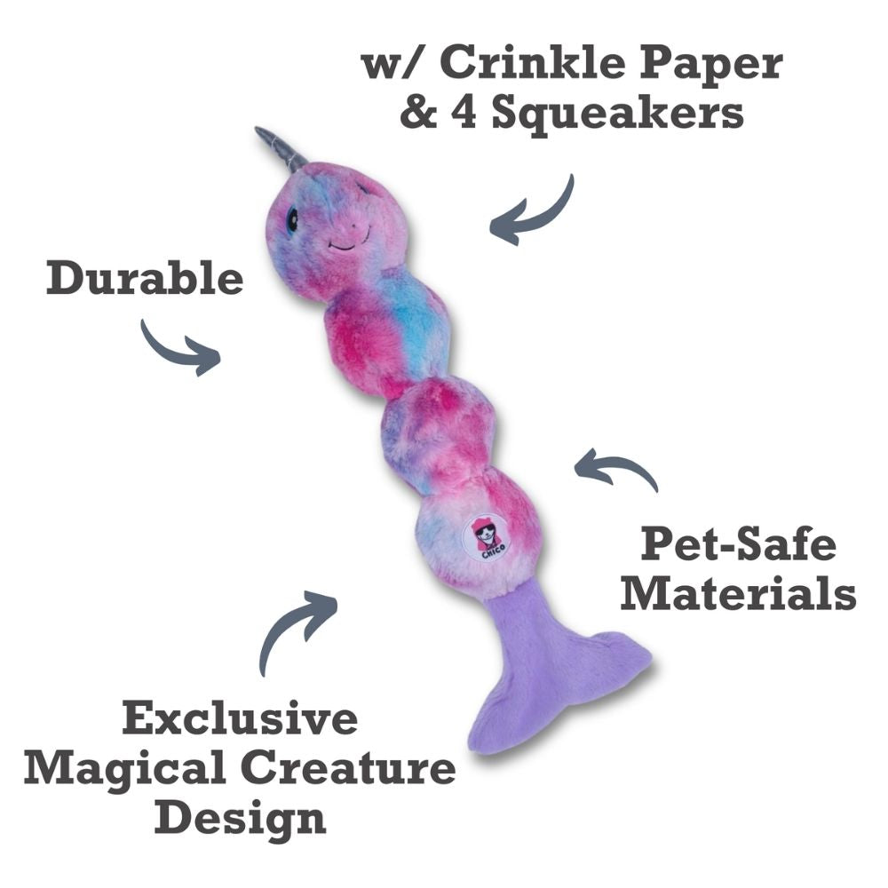 Tie Dye Skinny Narwhal Magical Creature Plush Dog Toy – with Squeaker & Crinkle Paper for Fun Play by American Pet Supplies