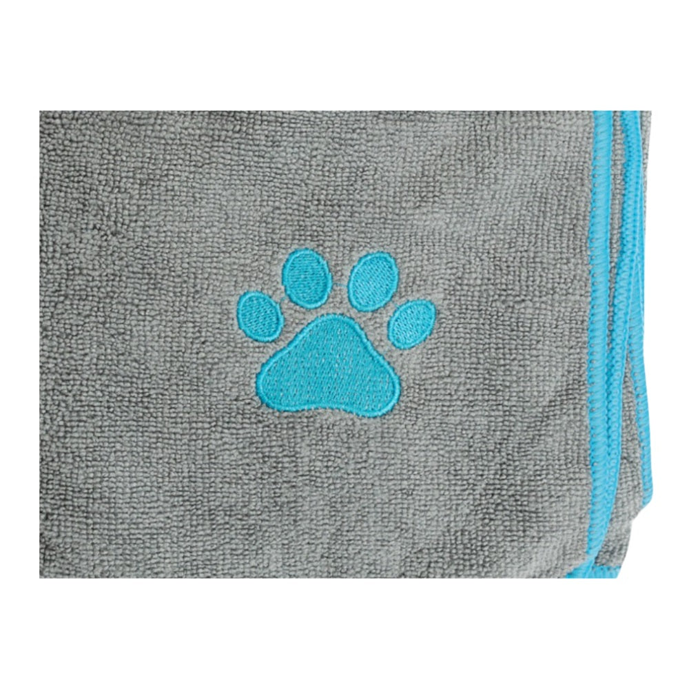 Country Living Large Gray Microfiber Dog Bath Towel with Teal Embroidered Paw Print by American Pet Supplies