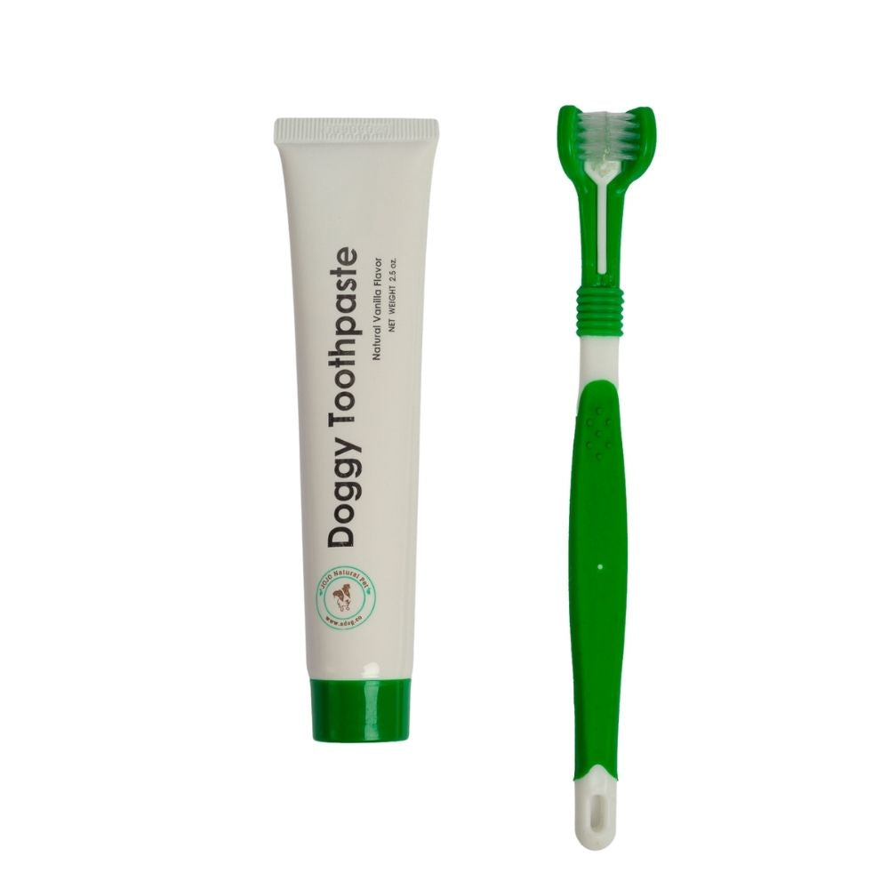 Triple Headed Dog Toothbrush with All-Natural Toothpaste Kit – 2-Piece Kit by American Pet Supplies