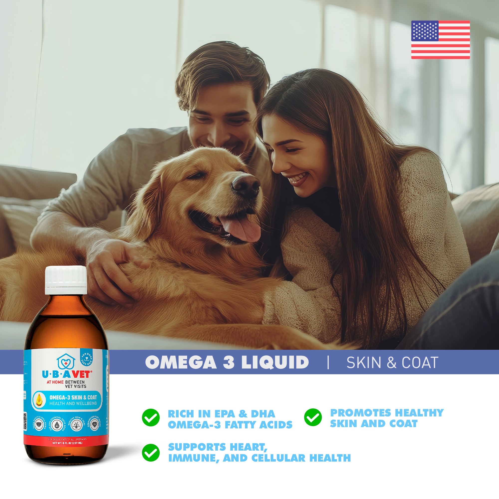 UBAVET Omega-3 Skin & Coat Health and Wellbeing Liquid for Dogs & Cats – 8 fl oz / 237 ml by American Pet Supplies