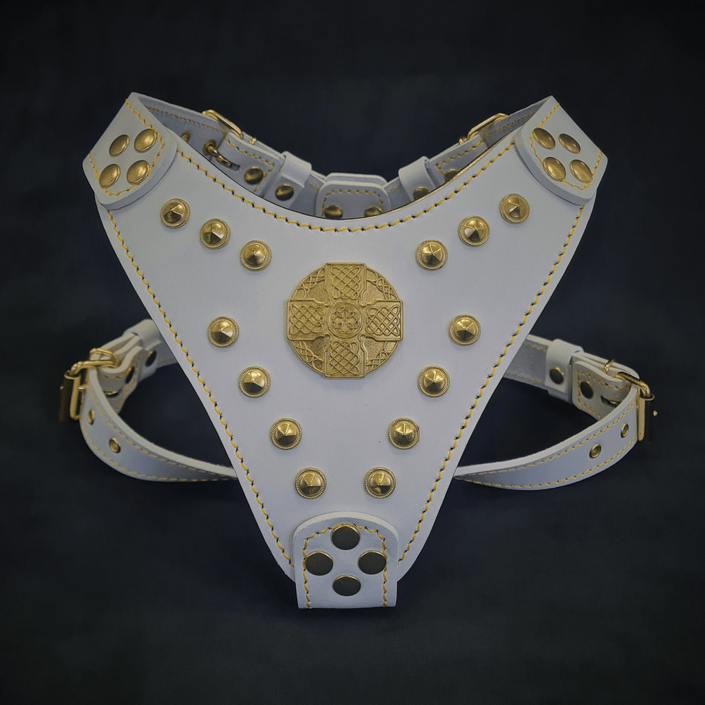 The ''Maximus'' harness White & Gold Small to Medium Size by Bestia Dog Gear