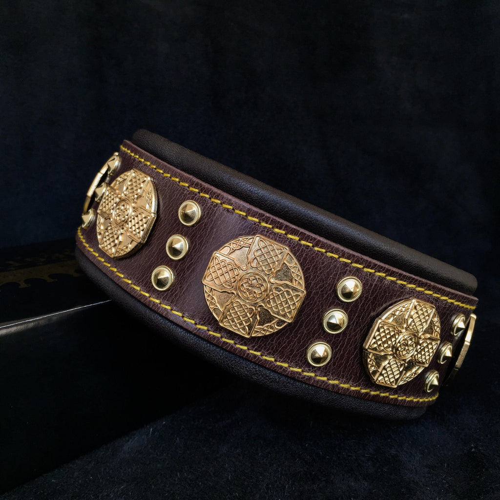 The "Maximus" collar 2.5 inch wide brown & gold by Bestia Dog Gear